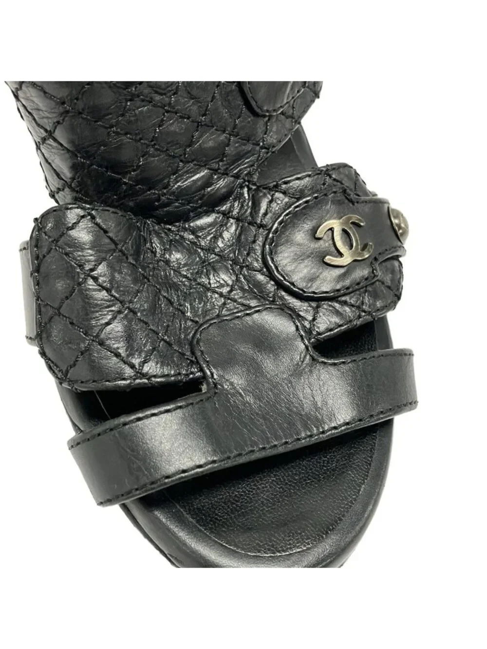 ★SOLD★ Chanel Sandals 36 Quilted Black Silver Leather - Picture 7 of 9